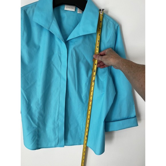 Chico's Shirt size 3 Blue 3/4 Sleeve Collared Buttons No Iron Blouse - Picture 3 of 5